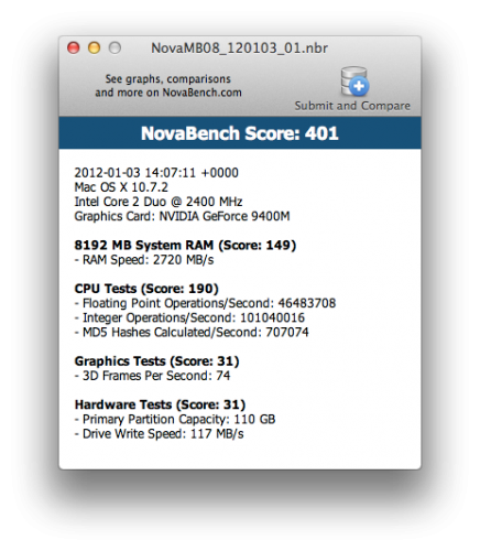NovaBench MacBook (Late 2008) 120GB SSD 8GB MEMORY